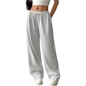 image:imageWomens Drawstring Waist Straight Streetwear Long Wide Leg Pants Casual Loose Baggy Workout Long Fall SweatpantsLight Grey