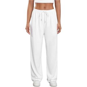 image:imageWomens Drawstring Waist Straight Streetwear Long Wide Leg Pants Casual Loose Baggy Workout Long Fall SweatpantsLight White