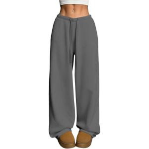image:imageWomens Drawstring Waist Straight Streetwear Long Wide Leg Pants Casual Loose Baggy Workout Long Fall SweatpantsMedium Grey