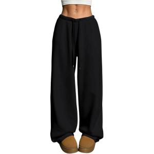 image:imageWomens Drawstring Waist Straight Streetwear Long Wide Leg Pants Casual Loose Baggy Workout Long Fall SweatpantsMix Black
