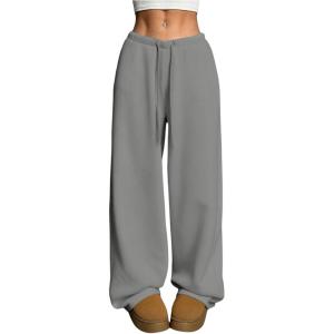 image:imageWomens Drawstring Waist Straight Streetwear Long Wide Leg Pants Casual Loose Baggy Workout Long Fall SweatpantsMix Grey