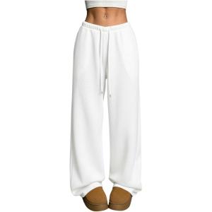 image:imageWomens Drawstring Waist Straight Streetwear Long Wide Leg Pants Casual Loose Baggy Workout Long Fall SweatpantsMix White