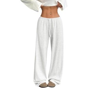 image:imageWomens Drawstring Waist Straight Streetwear Long Wide Leg Pants Casual Loose Baggy Workout Long Fall SweatpantsPlain Grey