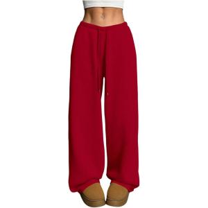 image:imageWomens Drawstring Waist Straight Streetwear Long Wide Leg Pants Casual Loose Baggy Workout Long Fall SweatpantsRed