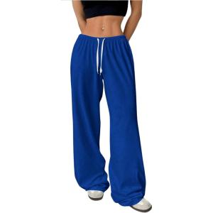 image:imageWomens Drawstring Waist Straight Streetwear Long Wide Leg Pants Casual Loose Baggy Workout Long Fall SweatpantsRoyal Blue