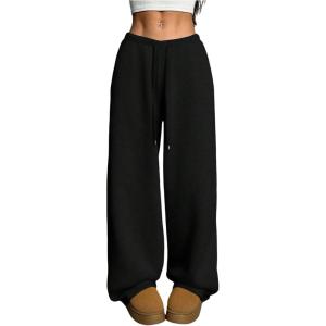 image:imageWomens Drawstring Waist Straight Streetwear Long Wide Leg Pants Casual Loose Baggy Workout Long Fall SweatpantsSoft Black