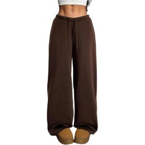 image:imageWomens Drawstring Waist Straight Streetwear Long Wide Leg Pants Casual Loose Baggy Workout Long Fall SweatpantsSoft Brown