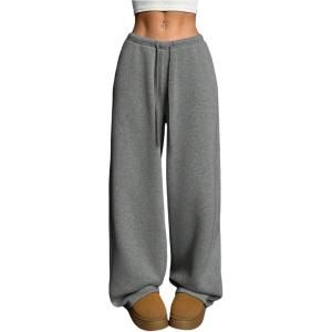 image:imageWomens Drawstring Waist Straight Streetwear Long Wide Leg Pants Casual Loose Baggy Workout Long Fall SweatpantsSoft Grey