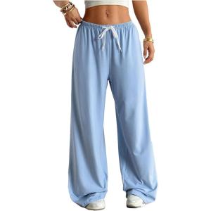 image:imageWomens Drawstring Waist Straight Streetwear Long Wide Leg Pants Casual Loose Baggy Workout Long Fall SweatpantsSolid Blue