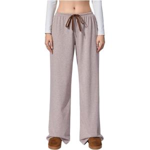 image:imageWomens Drawstring Waist Straight Streetwear Long Wide Leg Pants Casual Loose Baggy Workout Long Fall SweatpantsSolid Brown