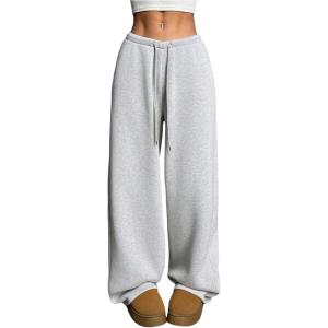 image:imageWomens Drawstring Waist Straight Streetwear Long Wide Leg Pants Casual Loose Baggy Workout Long Fall SweatpantsSweatpant Pure Light Grey