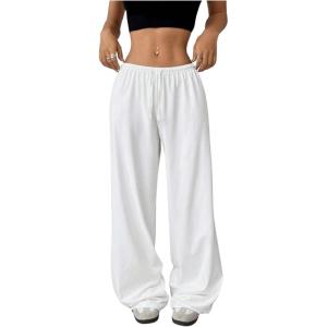 image:imageWomens Drawstring Waist Straight Streetwear Long Wide Leg Pants Casual Loose Baggy Workout Long Fall SweatpantsWhite