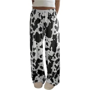 image:imageWomens High Waisted Wide Leg Pants Casual Cow Graphic Baggy Pajama Pants TrousersBlack With White
