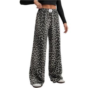image:imageWomens Leopard Print Wide Leg Pants Patched Elastic Waist Casual Loose TrousersBlack