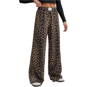 image:imageWomens Leopard Print Wide Leg Pants Patched Elastic Waist Casual Loose TrousersBrown