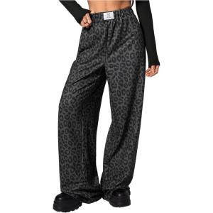 image:imageWomens Leopard Print Wide Leg Pants Patched Elastic Waist Casual Loose TrousersMulticolor Dark