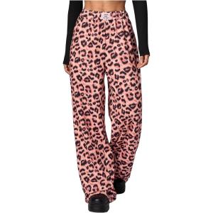 image:imageWomens Leopard Print Wide Leg Pants Patched Elastic Waist Casual Loose TrousersMulticolor Pink