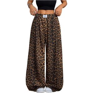 image:imageWomens Leopard Print Wide Leg Pants Patched Elastic Waist Casual Loose TrousersYellow