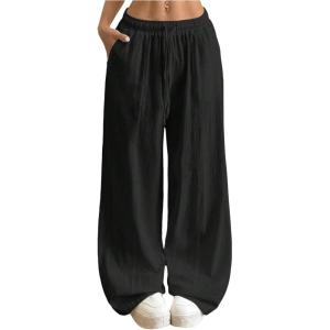 image:imageWomens Linen Pants Wide Leg Light Weight Drawstring Waist Swimsuit Cover Ups Beach PantsBlack