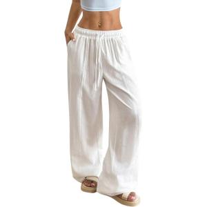 image:imageWomens Linen Pants Wide Leg Light Weight Drawstring Waist Swimsuit Cover Ups Beach PantsWhite