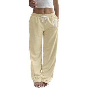 image:imageWomens Number Embroidery Sweatpants Wide Leg Pants Athletic Pants Casual Sports TrousersApricot