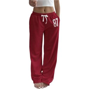 image:imageWomens Number Embroidery Sweatpants Wide Leg Pants Athletic Pants Casual Sports TrousersBurgundy