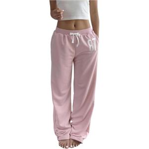 image:imageWomens Number Embroidery Sweatpants Wide Leg Pants Athletic Pants Casual Sports TrousersPink