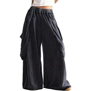 image:imageWomens Ruched Flowy Pants High Waisted Washed Baggy Pants Wide Leg Streetwear TrousersBlack