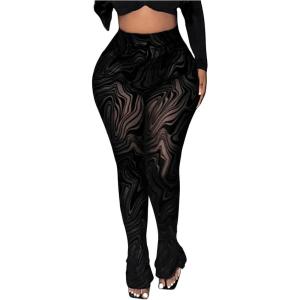 image:imageWomens Sheer Mesh Leggings See Through High Waisted Bell Bottom Skinny PantsBlack