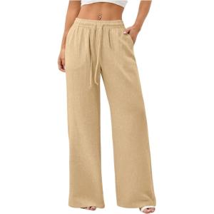 image:imageWomens Straight Wide Leg Linen Pants Drawstring High Waisted Casual Long Trousers with PocketsApricot Beige