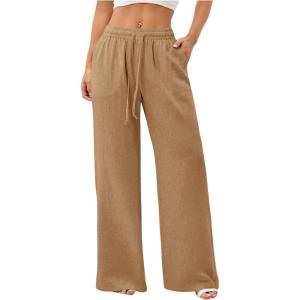 image:imageWomens Straight Wide Leg Linen Pants Drawstring High Waisted Casual Long Trousers with PocketsBrown