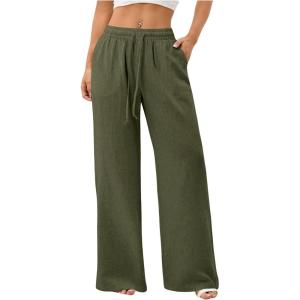 image:imageWomens Straight Wide Leg Linen Pants Drawstring High Waisted Casual Long Trousers with PocketsGreen