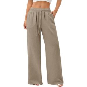 image:imageWomens Straight Wide Leg Linen Pants Drawstring High Waisted Casual Long Trousers with PocketsMix Grey