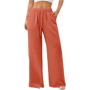 image:imageWomens Straight Wide Leg Linen Pants Drawstring High Waisted Casual Long Trousers with PocketsOrange