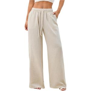 image:imageWomens Straight Wide Leg Linen Pants Drawstring High Waisted Casual Long Trousers with PocketsPure Apricot