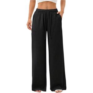 image:imageWomens Straight Wide Leg Linen Pants Drawstring High Waisted Casual Long Trousers with PocketsPure Black
