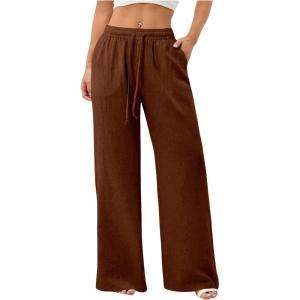 image:imageWomens Straight Wide Leg Linen Pants Drawstring High Waisted Casual Long Trousers with PocketsPure Brown