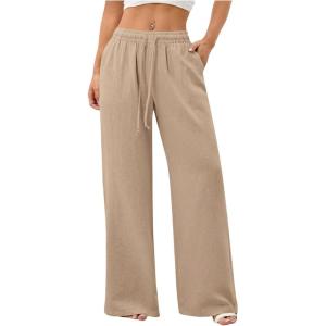 image:imageWomens Straight Wide Leg Linen Pants Drawstring High Waisted Casual Long Trousers with PocketsPure Khaki