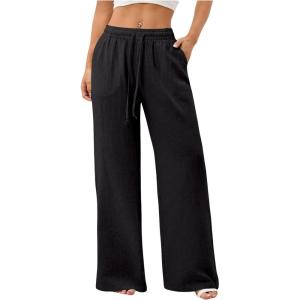 image:imageWomens Straight Wide Leg Linen Pants Drawstring High Waisted Casual Long Trousers with PocketsSoft Black