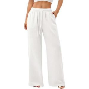 image:imageWomens Straight Wide Leg Linen Pants Drawstring High Waisted Casual Long Trousers with PocketsWhite