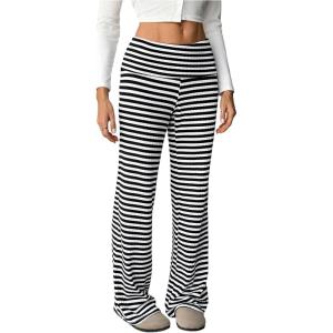 image:imageWomens Striped Foldover Pants Ribbed Knit Wide Leg Pants Elastic High Waisted Casual Lounge TrousersBlack and White