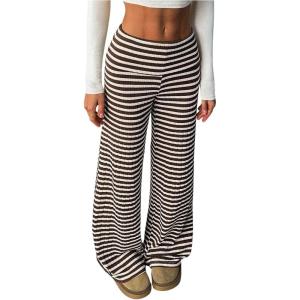 image:imageWomens Striped Foldover Pants Ribbed Knit Wide Leg Pants Elastic High Waisted Casual Lounge TrousersCoffee Brown