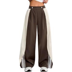 image:imageWomens Striped Side Streetwear Pants Wide Leg Button Front Casual TrousersMulticolor