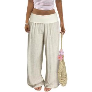 image:imageWomens Wide Leg Linen Pants Low Rise Foldover Casual Lounge Pants Vacation TrousersApricot