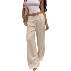 image:imageWomens Wide Leg Linen Pants Low Rise Foldover Casual Lounge Pants Vacation TrousersLight Apricot