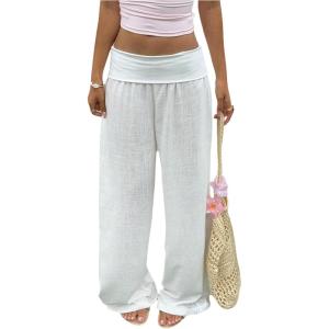 image:imageWomens Wide Leg Linen Pants Low Rise Foldover Casual Lounge Pants Vacation TrousersWhite