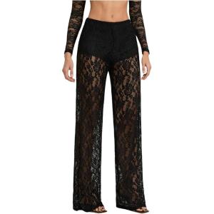 image:imageWomens Y2K Floral Lace See Through Pants Sheer Straight Leg Long Pants Club WearBlack