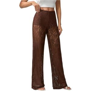 image:imageWomens Y2K Floral Lace See Through Pants Sheer Straight Leg Long Pants Club WearBrown