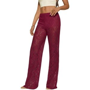 image:imageWomens Y2K Floral Lace See Through Pants Sheer Straight Leg Long Pants Club WearBurgundy