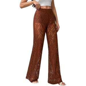 image:imageWomens Y2K Floral Lace See Through Pants Sheer Straight Leg Long Pants Club WearCoffee Brown